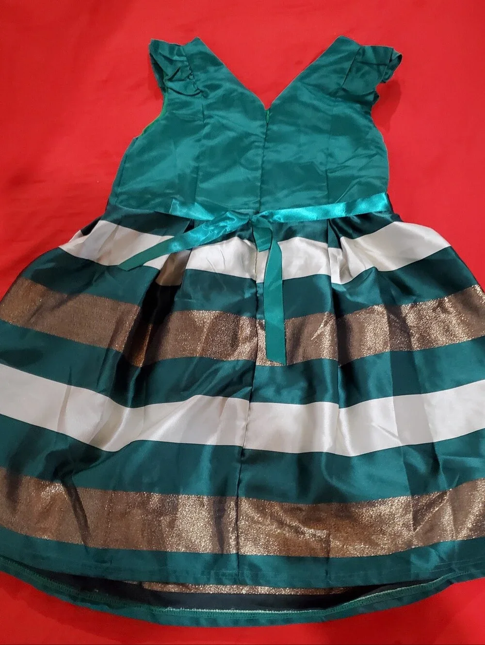 Girls Emerald Green and Gold Striped Holiday Party Dress • Size 14/16 XL